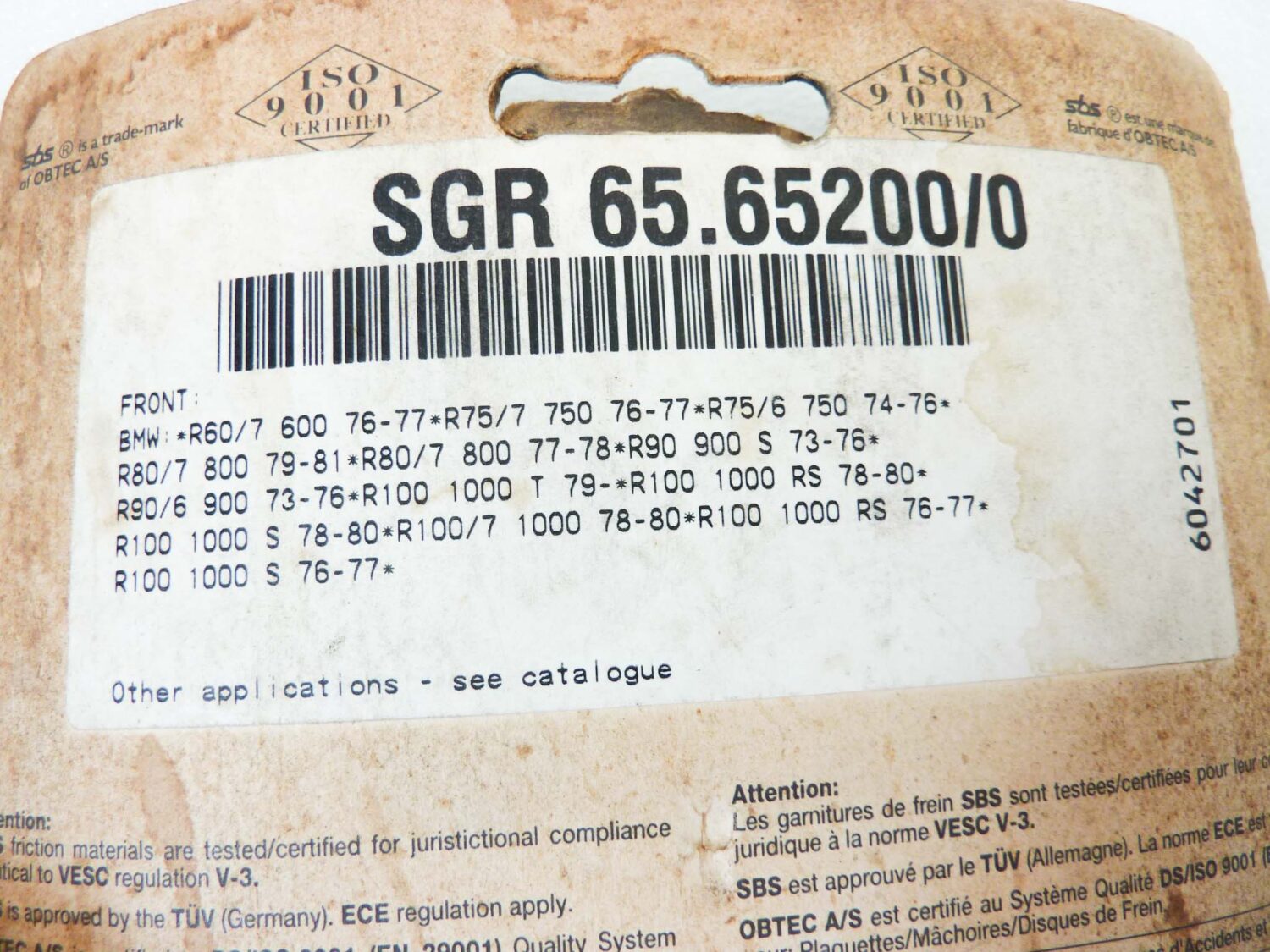 Pastiglie freno SBS 520HF FR SGR 65.65200/0 per BMW
Freno Anteriore (spesso richiedono 2 set):
R 60/7 600 (1976-1980)
R 75/6 750 (1974-1976)
R 75/7 750 (1976-1977)
R 80/7 800 (1977-1981)
R 90/6 900 (1973-1976)
R 90 S 900 (1973-1976)
R 100 S 1000 (1976-1977)
R 100/7 1000 (1978-1980)
vedi foto per compatibilità esatta NUOVO fondo di magazzino - immagine 6