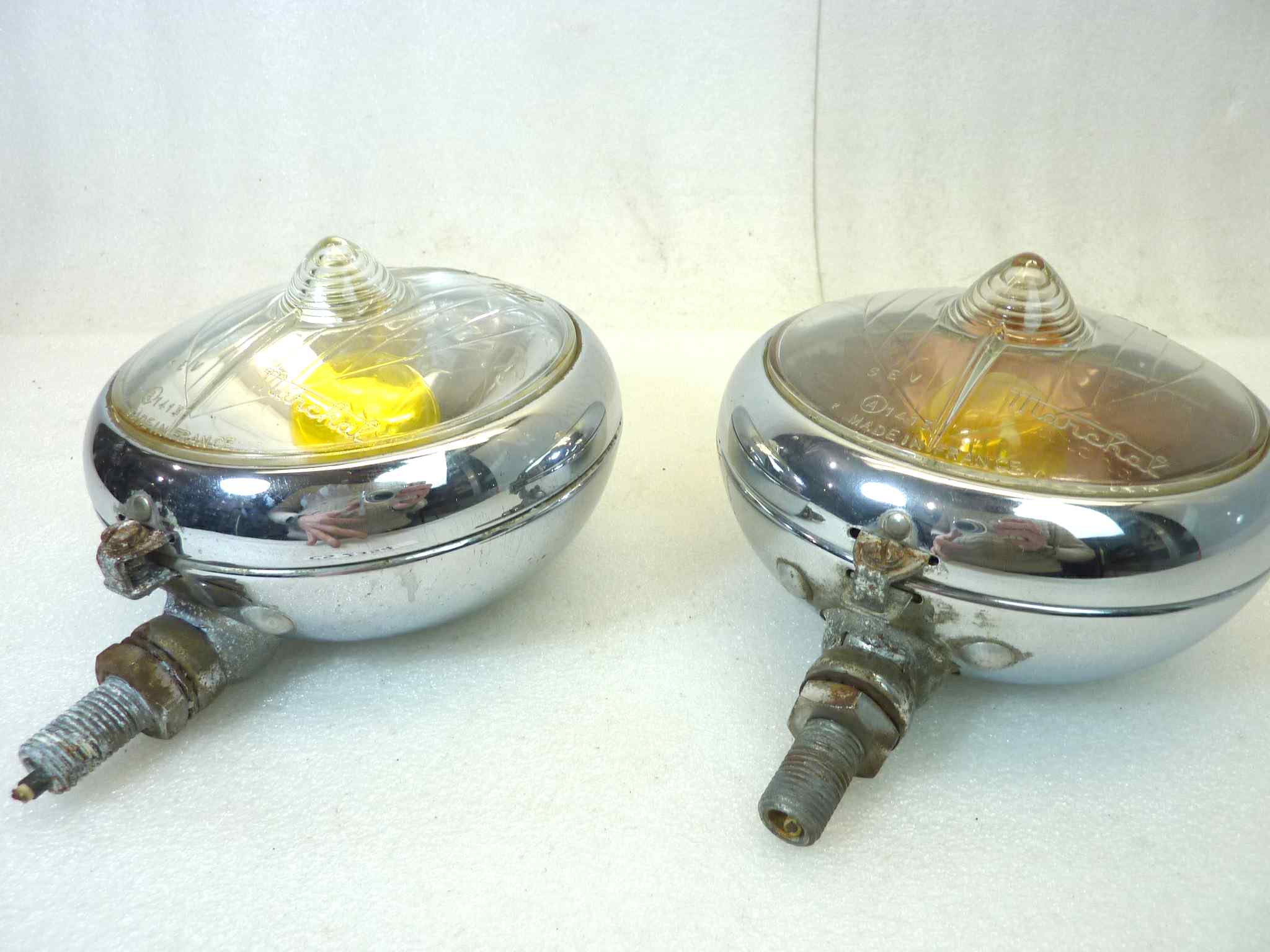 Coppia fendinebbia epoca Marchal Sev 672 682 692 diam tot 140 mm auto epoca originali no replica uno con parabola deteriorata - immagine 3