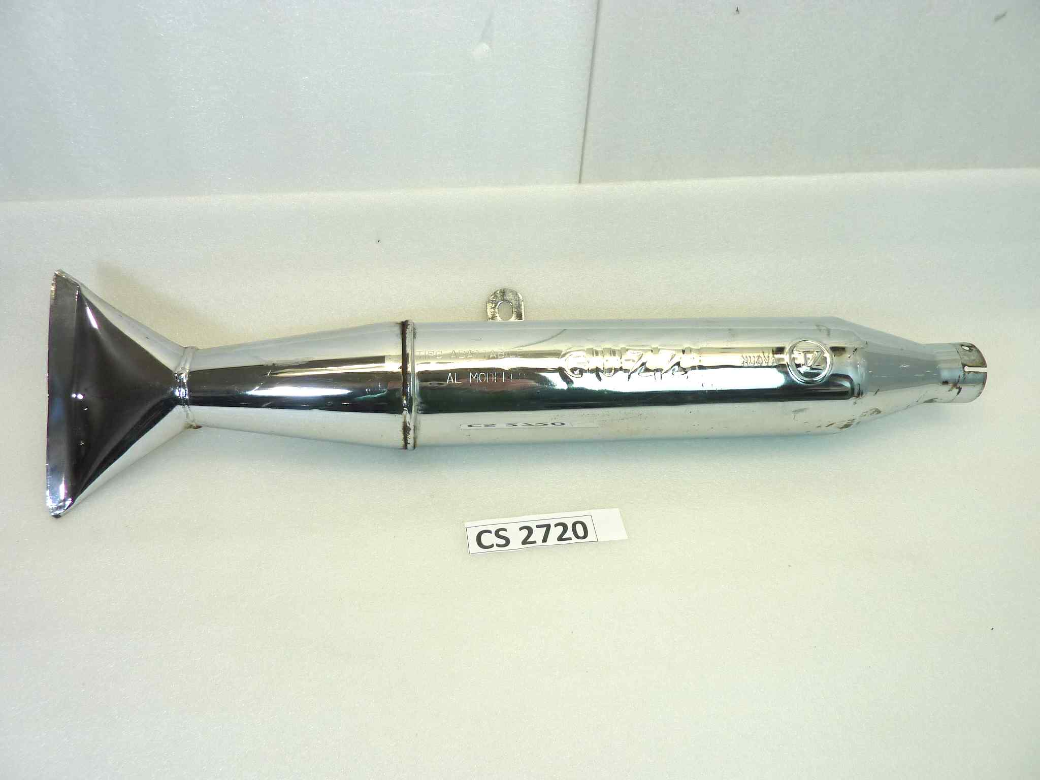 Marmitta Guzzi 500 Nuova TZ silenziatore scarico terminale muffler diamentro imbocco 45 mm - lunghezza tot 680 mm - distanzza imbocco/staffa 365 mm