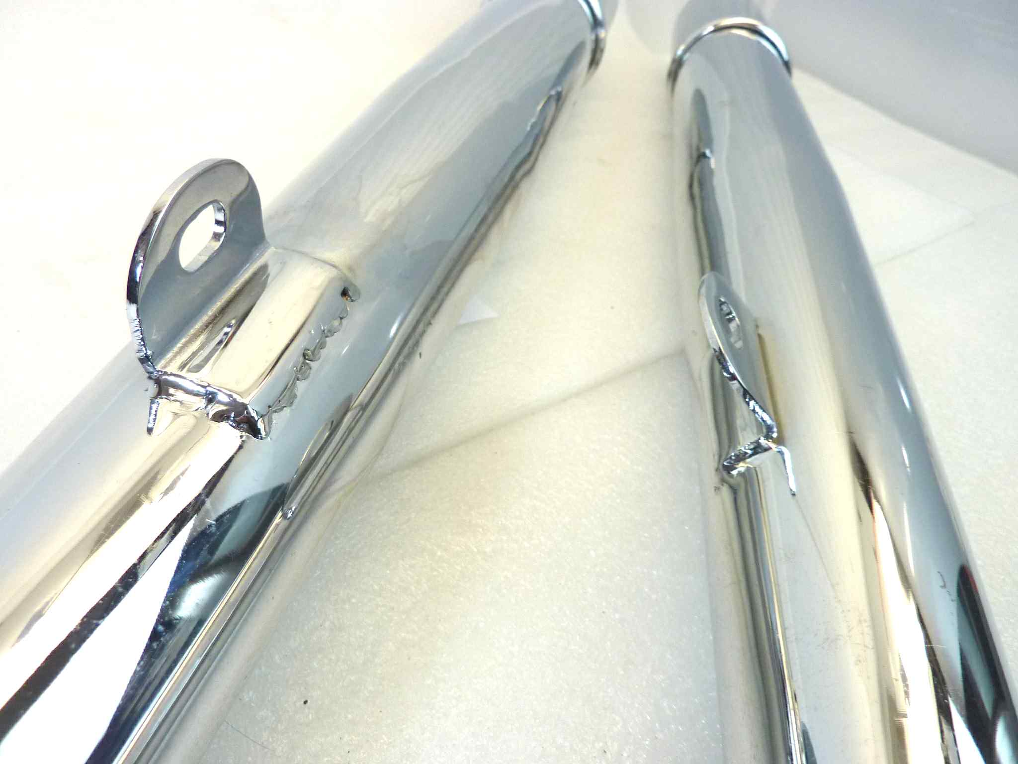 Coppia marmitta moto epoca Guzzi Benelli Morini Ducati Gilera silenziatore scarico terminale muffler lunghezza tot 850 mm - diametro imbocco 32 mm - distanza staffa/imbocco 250 mm - immagine 13